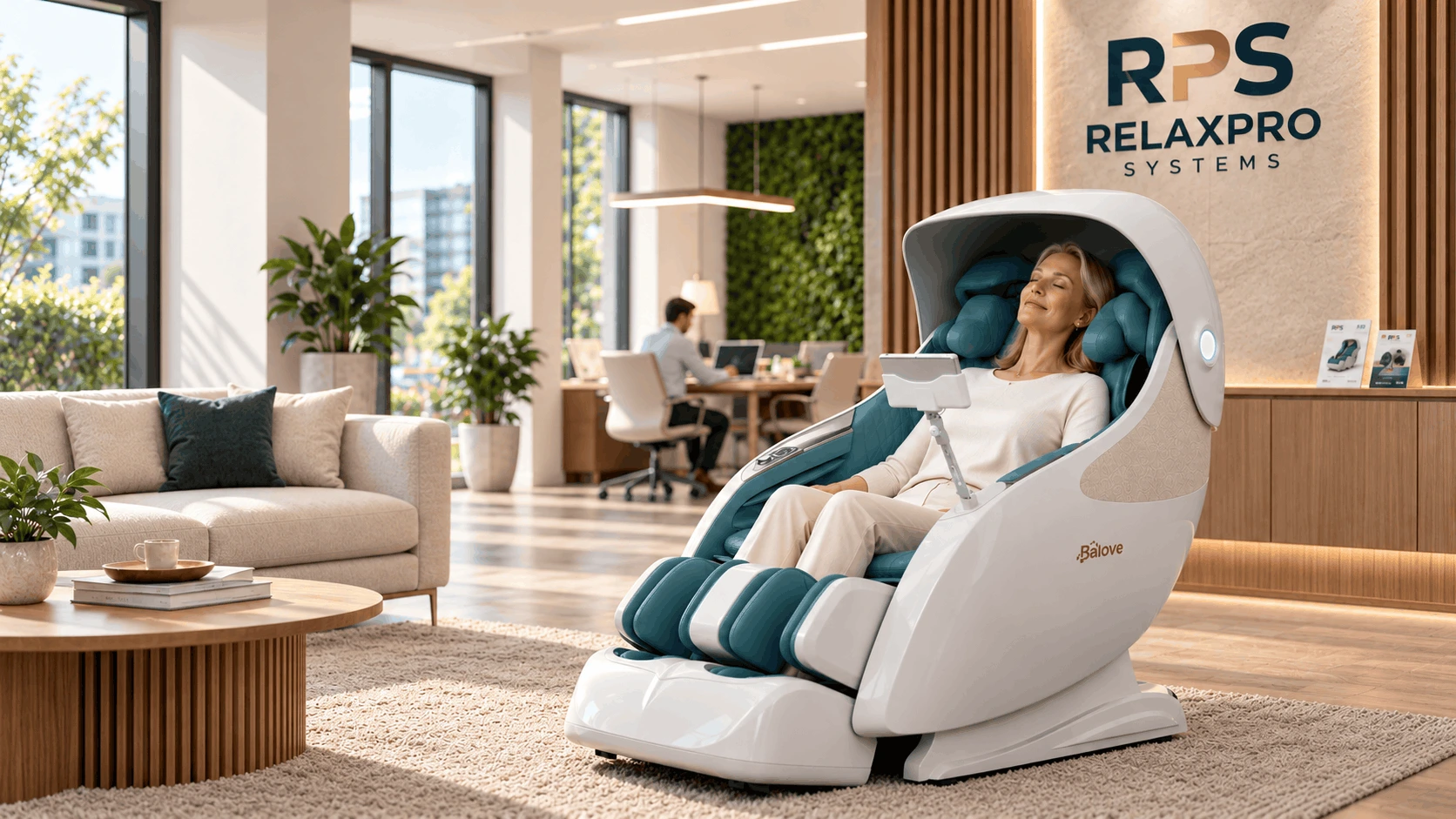 Frau entspannt in einem hochwertigen weißen Massagesessel mit türkisfarbenen Polstern in einer modernen Lounge von RelaxPro Systems.