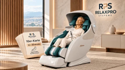 RelaxPro Systems 10er-Karte für 10 × 20 Minuten Massagesessel-Nutzung in Bad Schwartau mit Frau im Massagesessel.