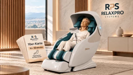 RelaxPro Systems 10er-Karte für 10 × 30 Minuten Massagesessel-Nutzung in Bad Schwartau mit Frau im Massagesessel.