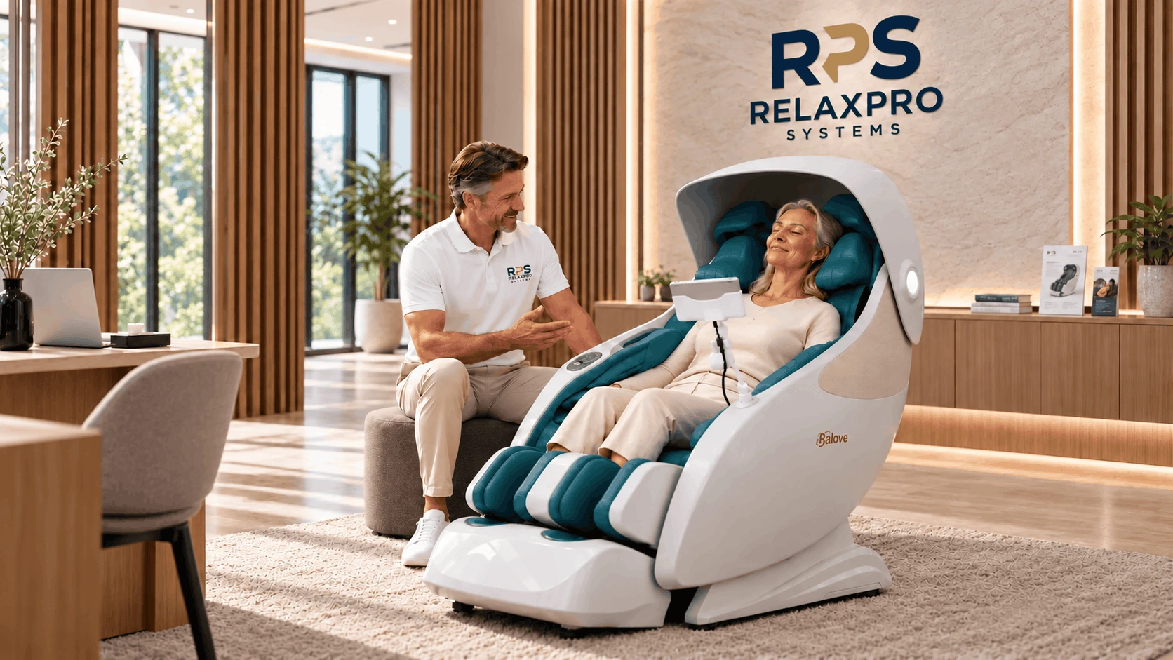 Frau entspannt in einem hochwertigen Massagesessel bei RPS RelaxPro Systems vor Ort, begleitet von einem Mitarbeiter.