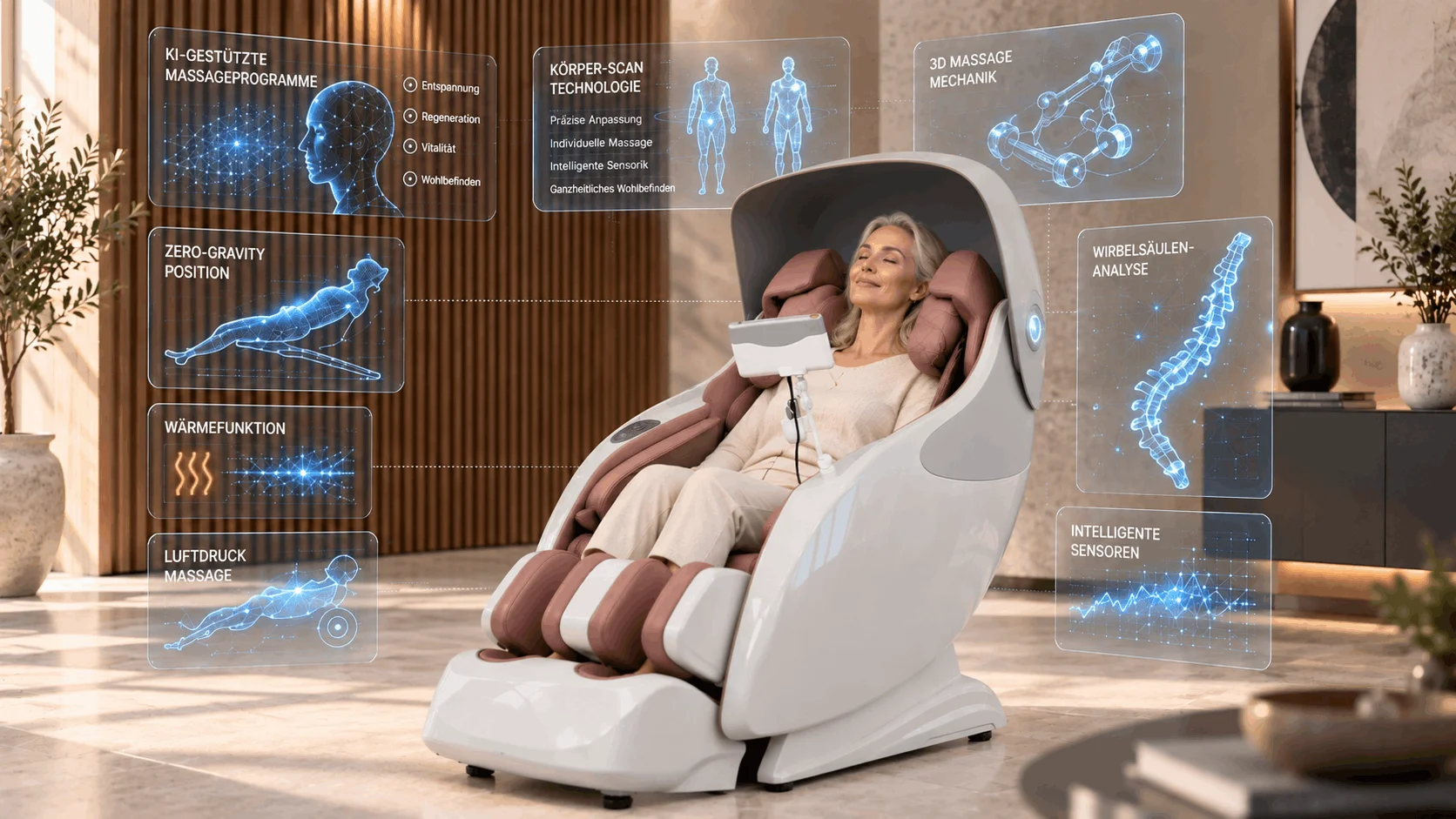 Frau entspannt in einem modernen Massagesessel mit verschiedenen Massagefunktionen, wie er bei RelaxPro Systems in Bad Schwartau genutzt werden kann.